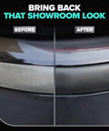 Carfidant Plastic Restorer two-panel before/after on car exterior plastic trim (black)