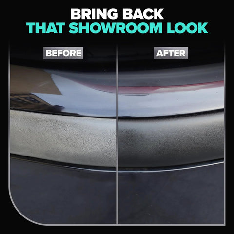 Carfidant Plastic Restorer two-panel before/after on car exterior plastic trim (black)