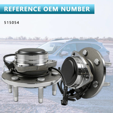 Drop-In Front Wheel Hub Bearing Assembly With ABS For 2WD Chevy Tahoe Suburban GMC Yukon Silverado Sierra Escalade 6-Lug Vehicles 1999-2006 Range Part 515054 displayed against a car backdrop.