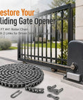 20 Ft #41 Roller Chain With 2 Links Heavy Duty Corrosion Resistant Interchangeable Replacement For Driven Slide Gate Operator and Conveyor System Reliable Performance For Outdoor Use with motor in background.
