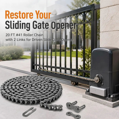 20 Ft #41 Roller Chain With 2 Links Heavy Duty Corrosion Resistant Interchangeable Replacement For Driven Slide Gate Operator and Conveyor System Reliable Performance For Outdoor Use with motor in background.