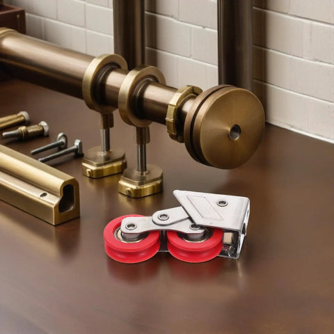 Pro Grade Heavy Duty Sliding Door And Window Track Rollers With Premium Double Wheel Pulley Bearing Kit on a workbench.