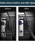 Before and after using 210 Piece Cable Management Kit for Desk and Office Use with cables organized by cable sleeve
