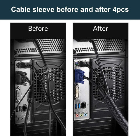 Before and after using 210 Piece Cable Management Kit for Desk and Office Use with cables organized by cable sleeve