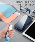 Navona microfiber glasses cleaning cloths with lens spray; three blue, pink, peach cloths beside glasses and phone.