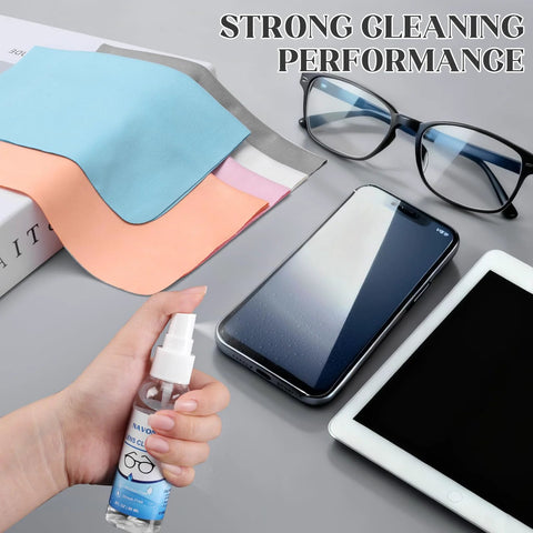 Navona microfiber glasses cleaning cloths with lens spray; three blue, pink, peach cloths beside glasses and phone.