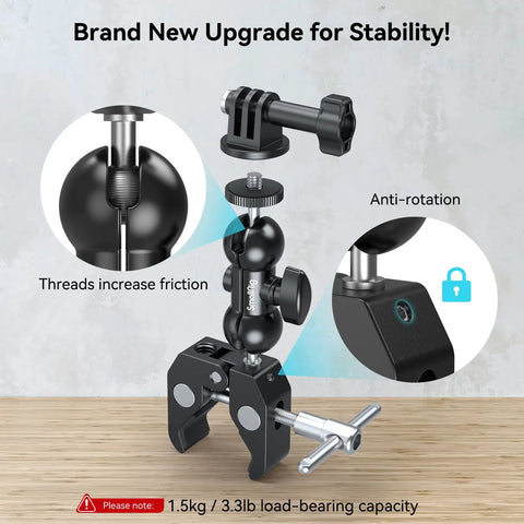 Sturdy Camera Clamp Mount With Double Ball Head Magic Arm For Fence Desk And Tripod Use featuring anti-rotation feature