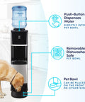 Top Loading Water Dispenser With Hot And Cold Water, 5 Gallon Bottle Compatible, Pet Drinking Station with dog using pet bowl