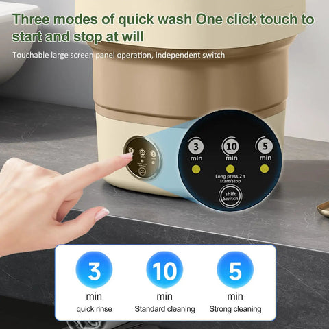 Super Compact Portable Washer With 20L Foldable Tub And Snappy Spin Cycle control panel showing quick wash settings.