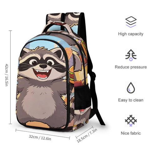 Burger Raccoon City Street Print Backpack For Men And Women with cartoon raccoon design, dimensions, and comfort features.