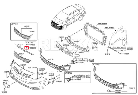 Diagram showing fender liner parts for Hyundai, including 20Pcs Fender Liner Push Type Retainer Clips Fasteners Set for specific models.