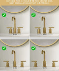 Brushed Gold Bathroom Sink Faucet, 8 Inch Widespread, 3 Hole, Two Handles, 360 Degree Swivel Spout shown in various sink sizes