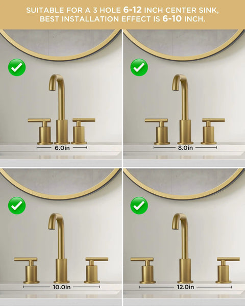 Brushed Gold Bathroom Sink Faucet, 8 Inch Widespread, 3 Hole, Two Handles, 360 Degree Swivel Spout shown in various sink sizes