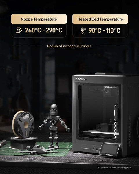 Carbon Fiber PAHT Nylon 3D Printing Filament 1.75mm High Temp 194C Heat Resistant 1Kg Spool For Enclosed FDM Printers displayed with 3D printer and printed model