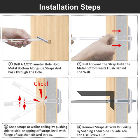 Installation steps for Heavy Duty Drywall Anchor Kit With 3/16-24 Included Bolts For Hollow Wall Mounting Stainless Steel Anchors.