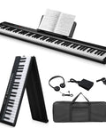 Foldable 88 Key Electronic Keyboard Piano With Portable Bag, Pro Pedal, Stereo Headphones, And Bluetooth MIDI Function, Ultra Light 5.1lb Foldable Design, Black with accessories