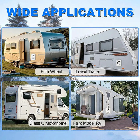 Wide applications of Rock Solid On Demand Tankless Water Heater With 55000 BTU in fifth wheel, travel trailer, Class C motorhome, and park model RV.