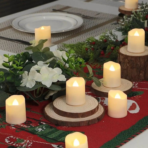 Rechargeable Flameless Tea Lights With Timer And Remote 12 Pack Flickering LED Votive Candles on dining table decor