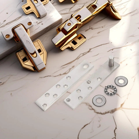 Hidden Pivot Hinge System For Wooden Bookcase Doors, 360 Degree Stainless Steel Heavy Duty Concealed Frame Hinges displayed on marble