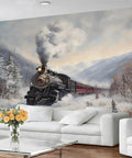 Massive Steam Train Wall Mural For Bedroom And Living Room Winter Snow Scene Locomotive Photo 196 Inch Wide 118 Inch High