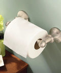 Vale Chrome Double Post Pivoting Toilet Paper Holder Wall Mounted Tissue Dispenser with Easy Roll Change in bathroom.