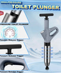 Heavy Duty High Pressure Toilet Plunger And Air Drain Blaster That Kicks Stubborn Clogs To The Curb Fast Saves You Serious Dough On Plumbers And Keeps Your Bathroom Running Smooth In Sleek Grey Finish, showcasing pressure release trigger and gauge.