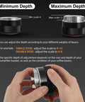 Hands adjusting 58mm Espresso Coffee Distributor Leveler with Stepless Height Adjustment and 58.35mm Base, black finish