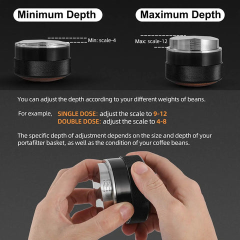 Hands adjusting 58mm Espresso Coffee Distributor Leveler with Stepless Height Adjustment and 58.35mm Base, black finish