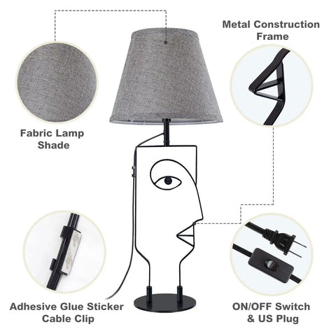 Two Pack Black Table Lamps With Gray Fabric Shades For Bedroom And Living Room, showing abstract face art design and features