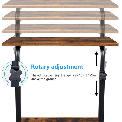 Rock Solid Height Adjustable Computer Desk With Smooth Rollin Casters showing rotary adjustment feature for height 27.16-37.79 inches.
