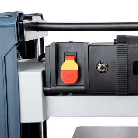 Smooth As Glass 15 Amp Benchtop Thickness Planer power switch and circuit breaker detail, showcasing safety features and design.