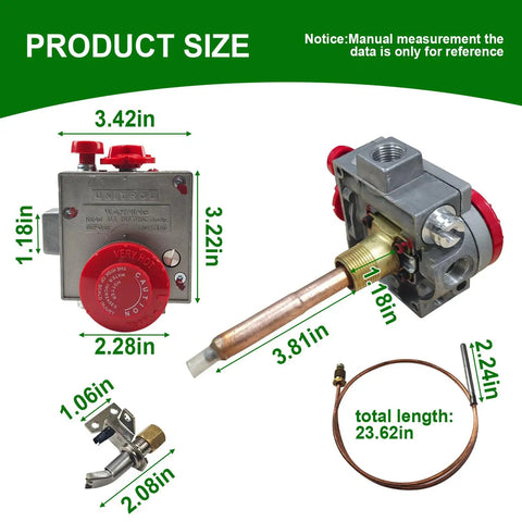 Natural Gas Water Heater Valve And Thermostat Replacement Parts Kit With 3.8 In Shank And Copper Probe Eco Shutoff Safety System