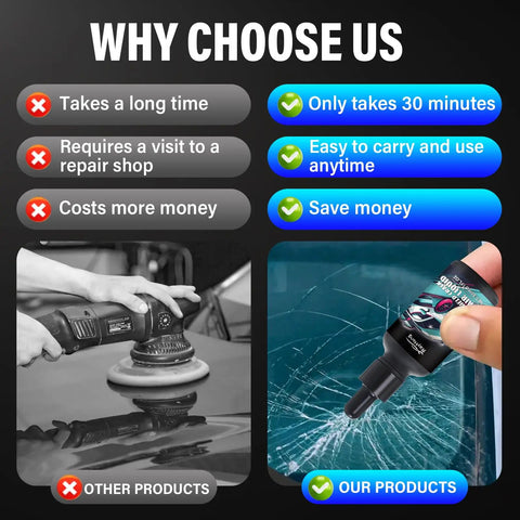 Comparison of products with a Two Piece Upgraded Windshield Crack Repair Kit for Cars and Daily Drivers shown fixing a glass crack.