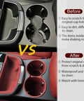 Before and after of Porsche Macan Center Console Organizer Tray 2 Piece Set Silicone Cup Holder Storage Protective Pad for 2022-2026