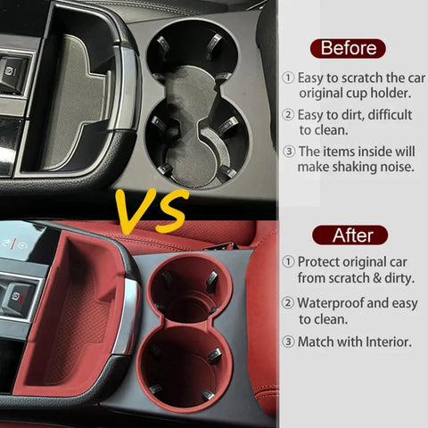 Before and after of Porsche Macan Center Console Organizer Tray 2 Piece Set Silicone Cup Holder Storage Protective Pad for 2022-2026