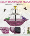 Sun Powered Bird Bath Fountain With Hanging Cascade For Outdoor Garden Decor, No Fuss Solar Operation With No Wiring, Eco Friendly Yard Water Feature That Attracts Birds, Purple