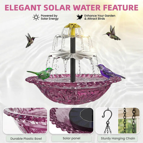Sun Powered Bird Bath Fountain With Hanging Cascade For Outdoor Garden Decor, No Fuss Solar Operation With No Wiring, Eco Friendly Yard Water Feature That Attracts Birds, Purple