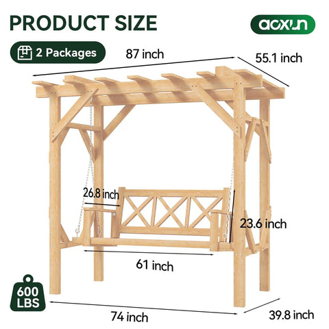 Dimensions of Cedar Wood Outdoor Pergola Swing Bench With Stand And Canopy Three Seat Patio Hammock Swing Set with metal chains
