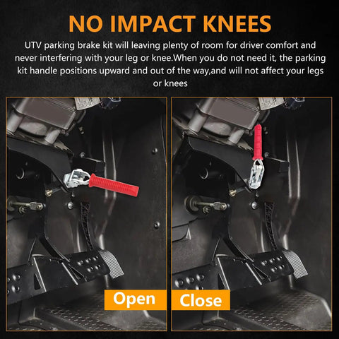 RZR Parking Brake Kit With Power Steering Upgrade And Lockable Brake Assist, showing handle in open and closed positions