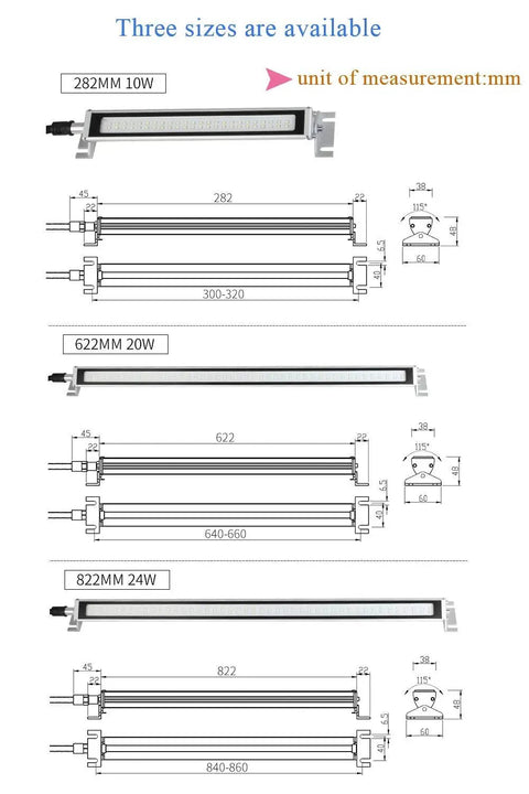 Diagram of Beefy LED CNC Machine Light 1 Piece Industrial Work Lamp IP68 Waterproof And Explosion Proof For Workshop And Garage, dimensions 282mm, 622mm, 822mm.