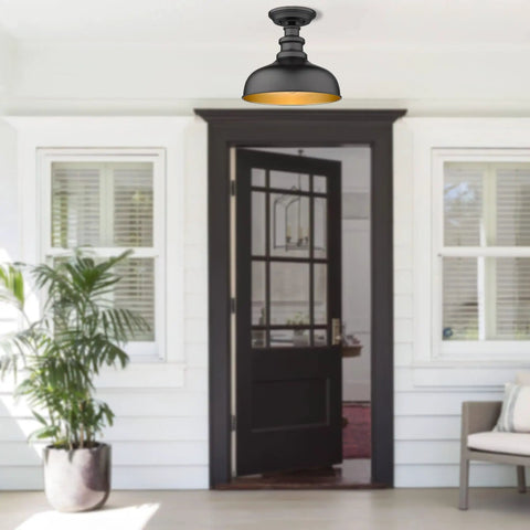 Semi Flush Mount Ceiling Light in Black with Copper Accents, Dope Industrial Farmhouse Hallway Fixture for Entryway