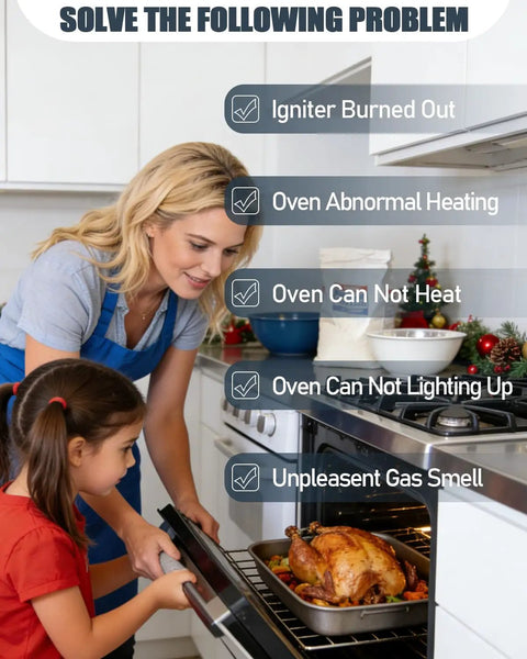 Woman and child in kitchen checking oven with text listing common oven problems.