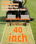 40-Inch Tow Behind Dethatcher With 20 Rust-Proof Tines attached to lawn tractor, showing raking width and use on grass