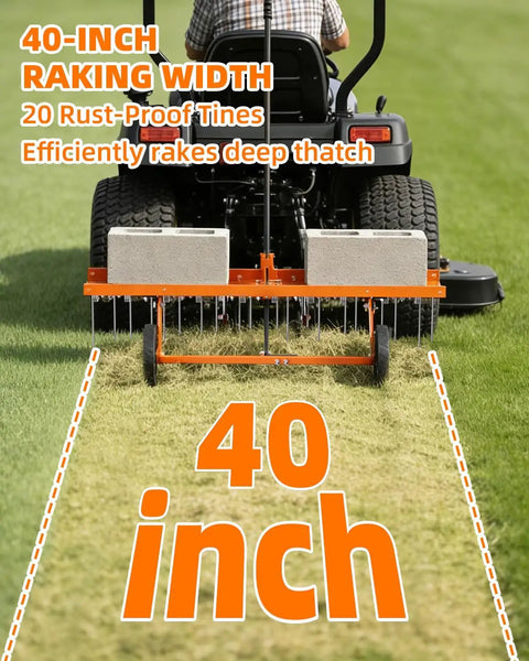 40-Inch Tow Behind Dethatcher With 20 Rust-Proof Tines attached to lawn tractor, showing raking width and use on grass