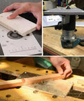 Heavy Duty Aluminum Router Table Insert Plate With Hella Precise Depth Marks And Four Caliber Sizes on a workbench with wood.
