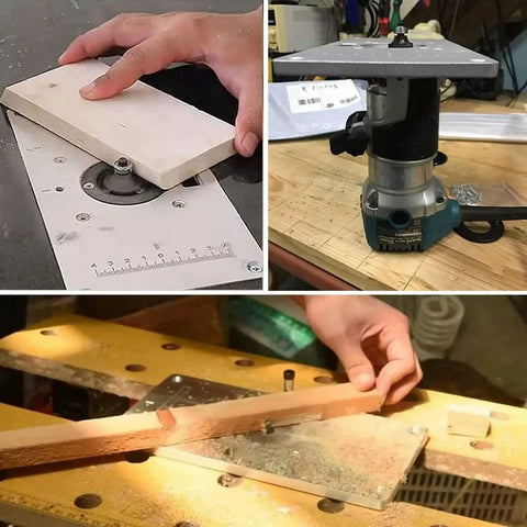 Heavy Duty Aluminum Router Table Insert Plate With Hella Precise Depth Marks And Four Caliber Sizes on a workbench with wood.