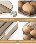 Close-up of egg storage container for refrigerator that holds 54 eggs with automatic rolling tray, durable polypropylene material.