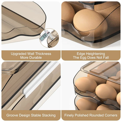 Close-up of egg storage container for refrigerator that holds 54 eggs with automatic rolling tray, durable polypropylene material.