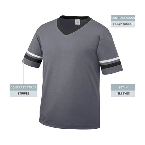 Youth Sleeve Stripe Jersey With V Neck Collar In Graphite Black White For Practice And Games Fifty Fifty Polyester Cotton Knit Comfortable Breathable Knit Set In Sleeves With Bold Contrast Stripes Size L