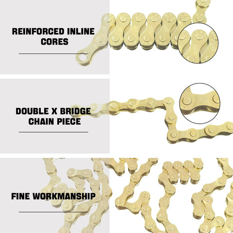 Gold 6 To 12 Speed Bike Chain for Road and Mountain Bikes with reinforced inline cores and Double X bridge design